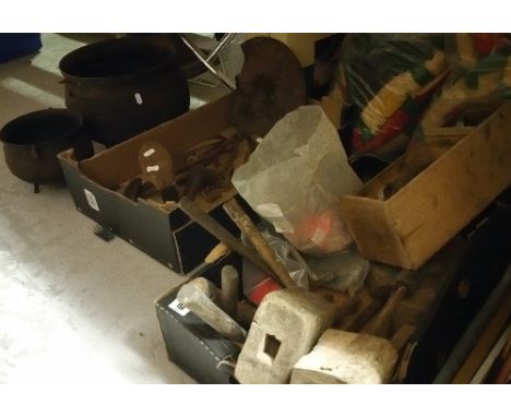 A Box of Metalwares to include Two Cast Iron Pots, Tools, A Last, An Iron etc.