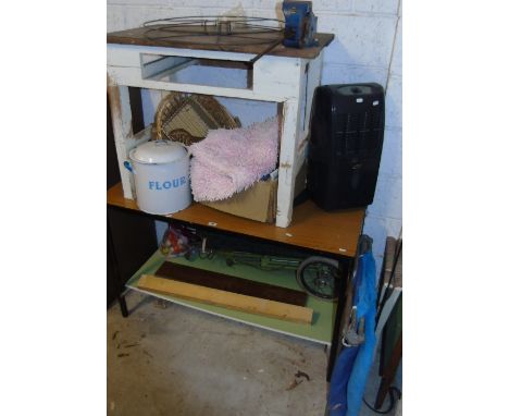 A Work Bench with Attached Record Vice, another table and two boxes of assorted tools & other items, etc.