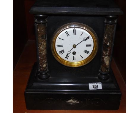 A 19th Century Black Slate & Marble Mantle Clock with turned column supports, enamelled dial.