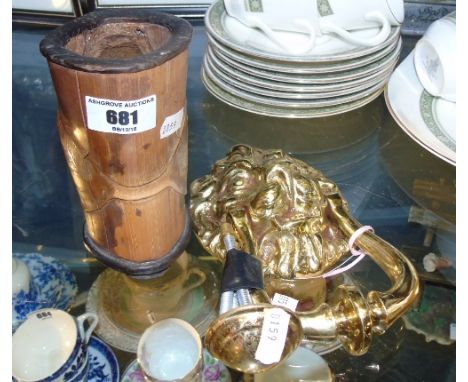 A Brass Lion Mask Door Knocker, together with a Chinese Carved Brush Holder (2).