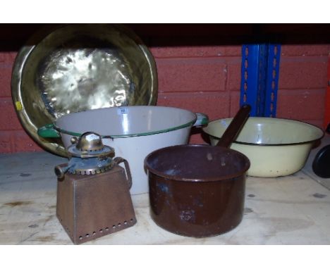 Two Enamel Plates, a Large Brass Bowl; and others.