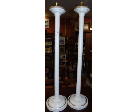 A Pair Of Cream Floor-Standing Wooden Candlesticks With Brass Tops along with A Coloured Print Titled Verso 'Opening Time' (3
