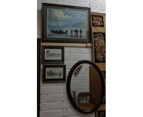 A Coloured Print after John Skelton, along with an Oval Mahogany Framed Wall Mirror & Two Dublin Scene Prints (4).