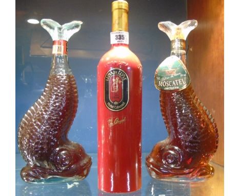 Two Vintage Shaped Bottles of Elivisa Moscatel, & Luna di Luna Merlot - Cabernet delle Venezie IGT, Italy (3).