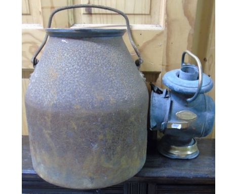 A 19th Century Milk Churn of Squat Shape with Polished Brass Lip & a Vintage French Lamp (2).