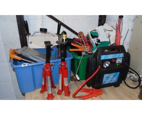 A Good Collection of Motoring & Mechanics Tools to Include Two Axel Stands, Two Jacks, Battery Tester, etc.