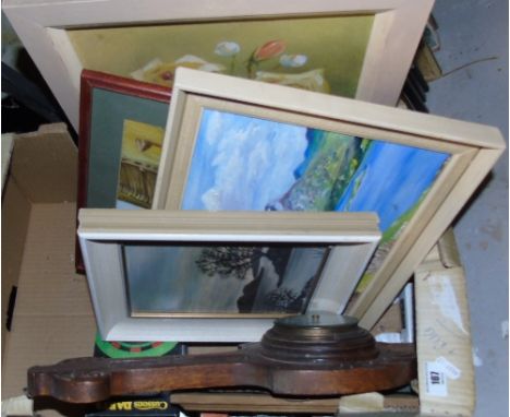 An Oak Barometer, together with A Treen Clock, Assorted Paintings & a Red Ground Rug.
