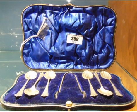 A Late Victorian Set of Six Albany Pattern Teaspoons and Tongs. London, William Hutton and Sons Ltd.