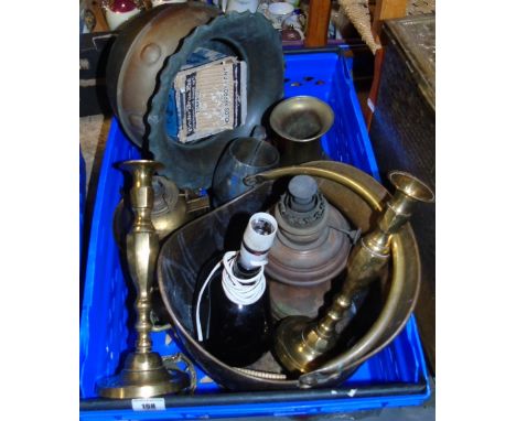 A Box Lot of 19th Century and Later Brass and Copper, to include a coal helmet.