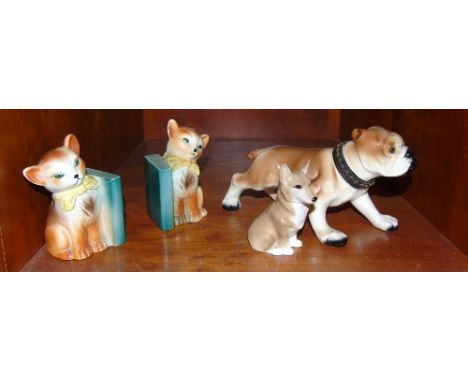 A Ceramic Growling Bulldog, along with a pair of novelty cat bookends and a small seated dog figure (4).