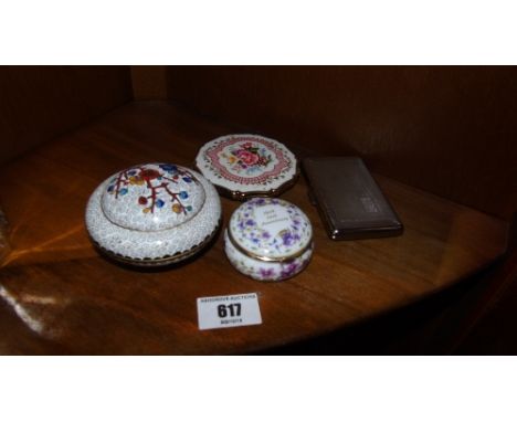 A Cloisonné Box, an Enamelled Compact, a Chrome Cigarette Case & a Porcelain Pill Box (4).