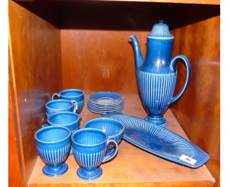 A Carlton Ware Coffee Service, having blue glaze, of half reeded design, comprising a coffee pot, sugar bowl, biscuit tray an