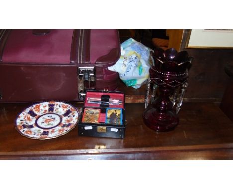A Ruby Glass & Enamelled Lustre, & a Royal Crown Derby Plate, Pattern 1646, together with cased set of playing cards (3).