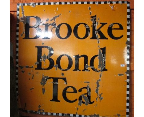 A Brooke Bond Tea Square Enamel Advertising Sign; black lettering on orange background, with black and white chequered border