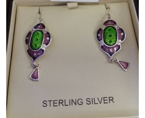 A Pair Of Silver Enamel Art Nouveau Style Earrings.