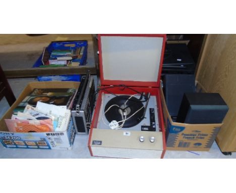 A Tellux Record Player, Large Box of LP's & 45's, Stereo System & Speakers & Radio.