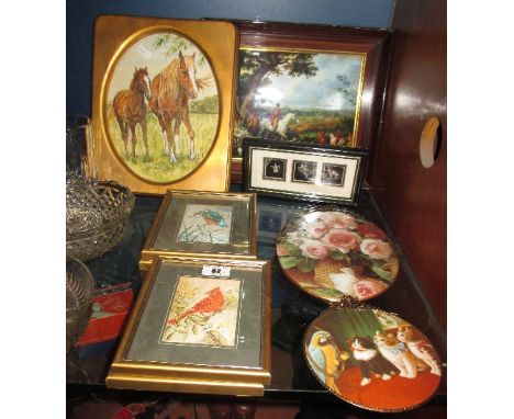 Four Silk Tapestry Pictures of Birds, together with a watercolour of horses by Laura Best, two Limoges plaques, hunting print