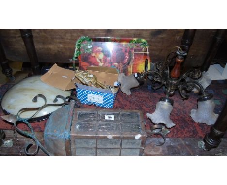 A Five Branch Light, a Dome Shape Light, along with a rug, two shades, a copper lantern, an exercise stepper and a hooded fan