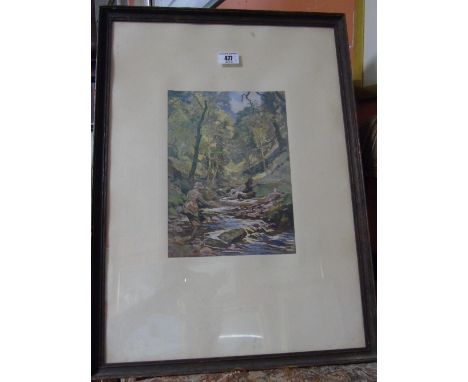 An Early 20th Century Coloured Print of a River Fishing Scene; in original oak frame, with two other pictures. 