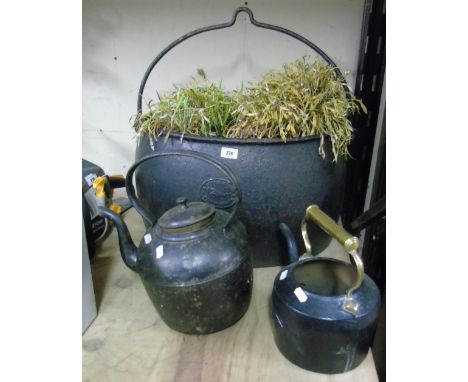 A Large Vintage Cast Iron Oval  Pot/ Cauldron, Planted, and two kettles (3).