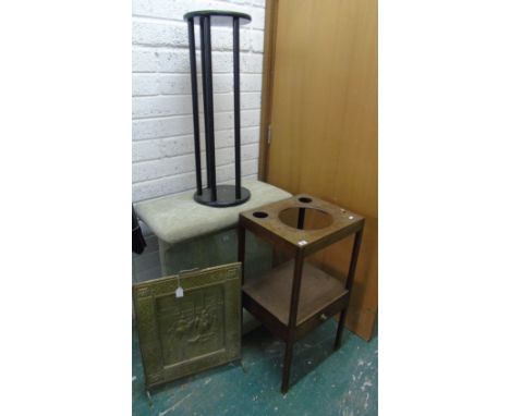 A Georgian Mahogany Night Stand, along with an early 20th century brass fire screen, upholstered & glass coffee table & plant