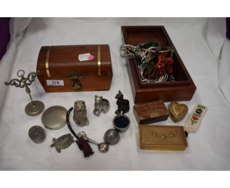 Two wooden jewellery box containing a selection of cat ornaments, beads, trinkets etc