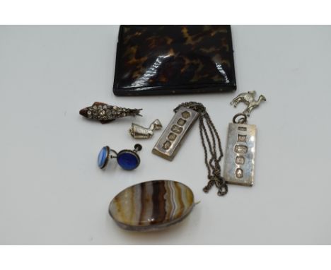 A selection of HM silver and white metal jewellery including ingot pendants, butterfly wing earrings, charms, agate brooch an