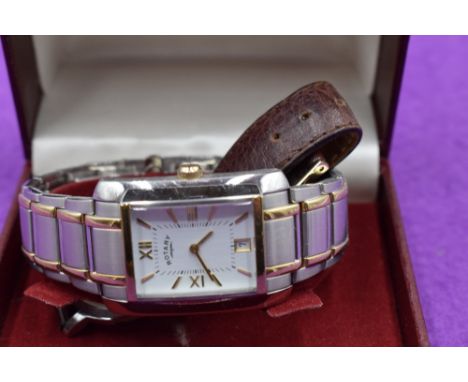 A gents quatz wrist watch by Rotary having a Roman numeral and baton dial with date aperture to rectangular face on a bracele