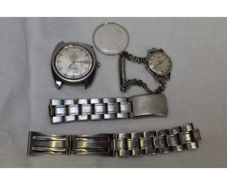 A gents Omega Electronic F300Hz chronometer wrist watch face having baton numeral dial with date aperture, AF, and a lady's E