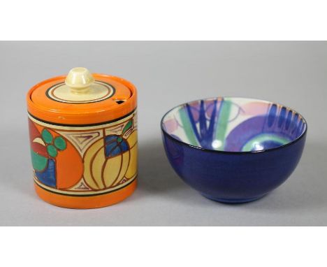 A CLARICE CLIFF WILKINSON POTTERY FANTASQUE PRESERVE JAR AND COVER, 1930's, of plain cylindrical form, painted in typical pal