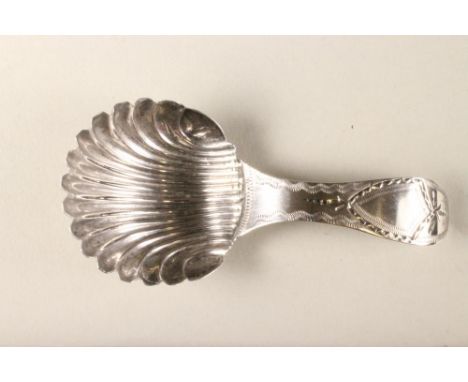A LATE GEORGE III SILVER CADDY SPOON, maker Hester Bateman, London 1790, with shell bowl and bright cut engraved handle, 3" l