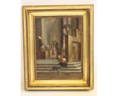FOLLOWER OF GIOVANNI PANINI (1691-1765), Architectural Capriccio with Figures and a Dog, oil on canvas, unsigned, 20 1/2" x 1
