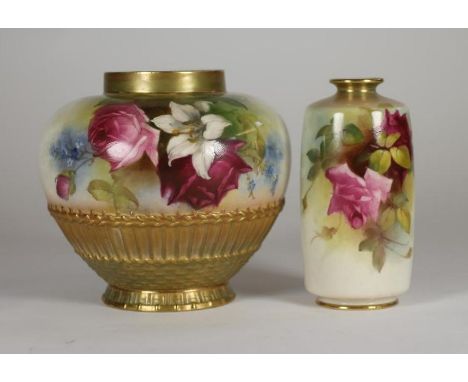 A ROYAL WORCESTER CHINA POT POURRI, 1917, of globular form with basket weave moulded lower section, painted in colours with f