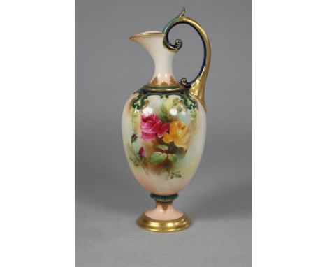 A ROYAL WORCESTER CHINA EWER, 1909, of lobed slender ovoid form, with high loop earred handle, painted in polychrome enamels 