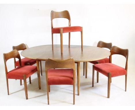 AN ARNE HOVMAND-OLSEN DESIGN SET OF SIX TEAK DINING CHAIRS, the open back with turned uprights linked by a broad dished top r