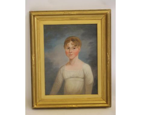 ENGLISH SCHOOL (Early 19th Century), Portrait of a Young Woman wearing a white Empire line dress, half length, oil on canvas,