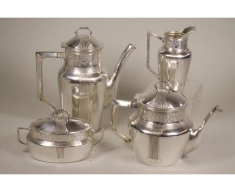 C. HOAG - A SILVER PLATED FOUR PIECE TEA SERVICE, early 20th century, of angular baluster form, chased in the Secessionist st