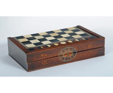 A TRAVELLING CASE/BACKGAMMON BOARD, the folding mahogany case with ebony and ivory chess/draughts board to the exterior withi