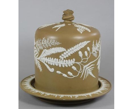 A VICTORIAN BROWN SMEARGLAZED STONEWARE CHEESE STAND AND DOME, of cylindrical form, moulded and applied with a continuous ban