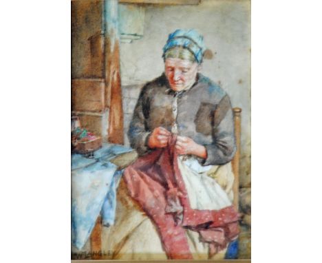 WALTER LANGLEY (1852-1922), Portrait of a Woman Sewing, watercolour and pencil, signed, 7 1/4" x 5 1/4", gilt frame (Illustra