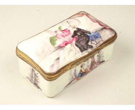 AN ENGLISH ENAMEL ON COPPER TABLE SNUFF BOX, late 18th century, of oblong form with slight serpentine fascia, the cover, side