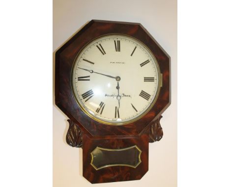A VICTORIAN MAHOGANY DROP DIAL WALL CLOCK signed Pearce, Stratford on Avon, with fusee movement, 12" enamel dial with Roman n