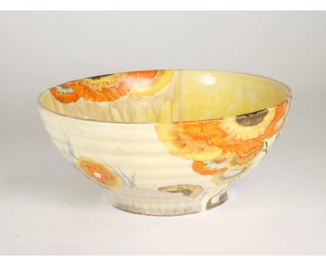 A CLARICE CLIFF WILKINSON POTTERY BIZARRE BOWL, 1930's, of flared ribbed circular form, painted in typical palette with the "