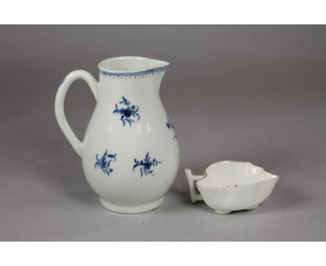 A FIRST PERIOD WORCESTER PORCELAIN MILK JUG, c.1775, of baluster form painted in underglaze blue with the "Waiting Chinaman" 