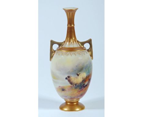 A ROYAL WORCESTER CHINA VASE, 1919, of ovoid form with high neck and two angular handles, painted in colours by Harry Davis w