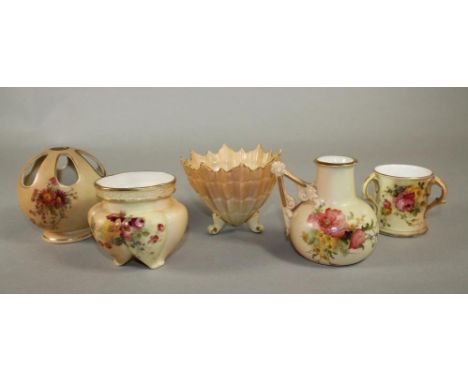 A COLLECTION OF ROYAL WORCESTER BLUSH IVORY CHINA, various dates, all painted in colours with flowers and comprising a tyg 19