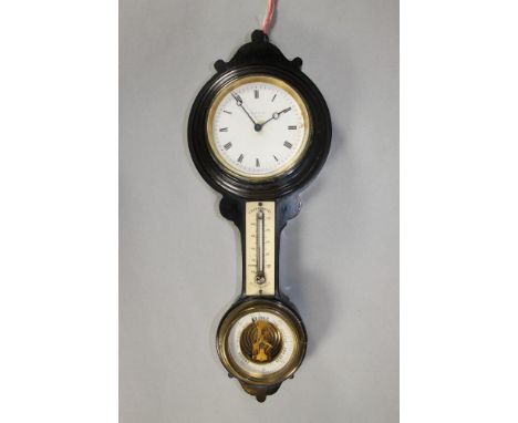 A VICTORIAN EBONISED WALL CLOCK with barometer, the clock with cylinder spring movement, 3 1/2" white paper dial with Roman n