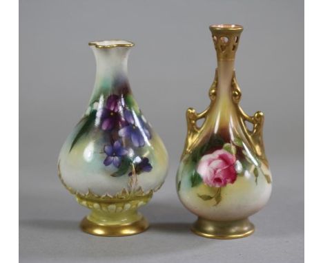 A ROYAL WORCESTER CHINA SMALL VASE, 1908, of rounded tapering cylindrical form with quatrefoil neck, painted in polychrome en