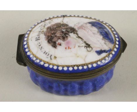 AN ENGLISH ENAMEL ON COPPER PATCH BOX, mid 18th century, of ribbed oval form, the cover painted with the bust portrait of a l