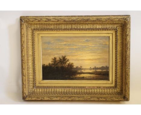ANTHONIE JACOBUS VAN WIJNGAERDT (Dutch 1808-1887), Riverscene at Dusk, oil on panel, signed, 9" x 14", gilt frame